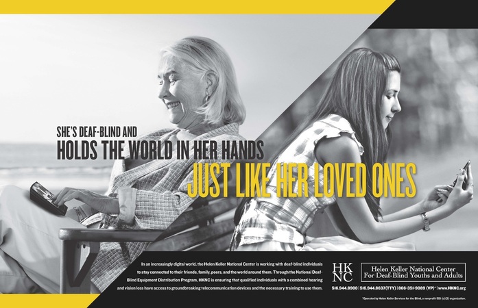 Picture of Helen Keller National Center poster. Older woman and young girl communicating on handheld devises. Caption says 